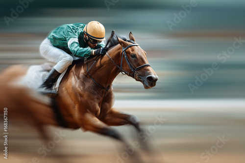 A Horse Racer gallops swiftly with an athlete, captured in a dynamic, blurred motion. The image exudes speed and the thrill of competition