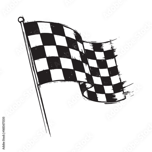 A grunge style waving black and white checkered racing flag, symbolizing motion, speed, and the dynamic finish of a race vector illustration