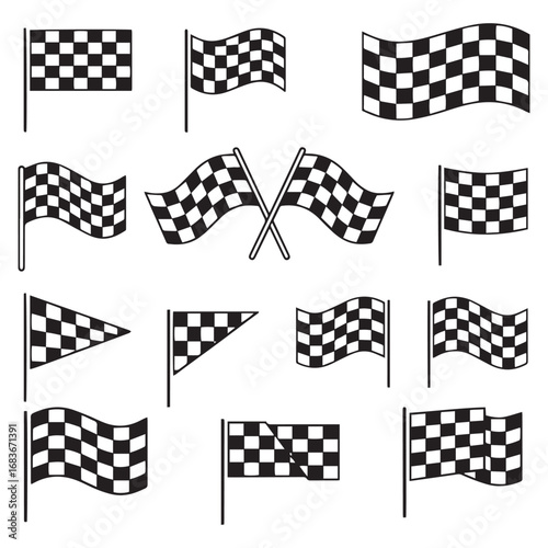 A collection of various black and white checkered racing flags in different shapes, a complete set for motorsport design vector illustration