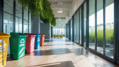 Modern corridor with large glass windows, colorful recycling bins and green plants promoting eco friendly sustainable architecture interior