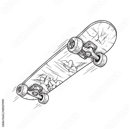 A detailed black and white sketch of a skateboard in motion, with a landscape graphic on the deck for urban street style vector illustration