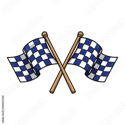 Two crossed blue and white checkered racing flags, a colorful symbol for motorsport competitions, victory, and the final finish line vector illustration