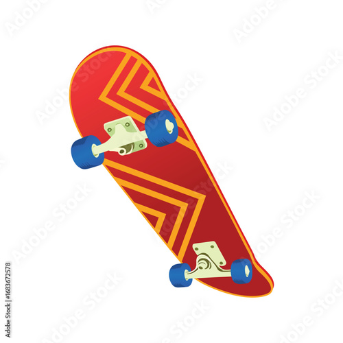 A colorful red and yellow skateboard with a modern geometric pattern on the deck, an icon of youth culture and street sport vector illustration