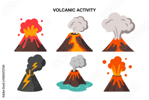 Volcano eruption vector illustrations, explosive mountain graphics, lava flow, ash smoke clouds, natural disaster geology icons, fiery eruption set