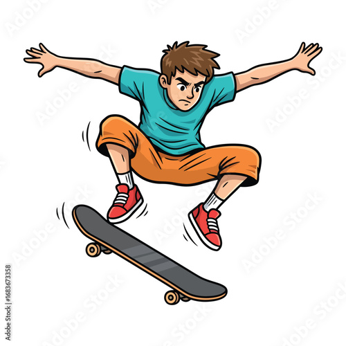 A cartoon illustration of a boy skateboarding, performing a jump trick.