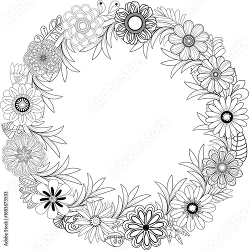 Elegant black and white floral wreath design for decorative projects and greetings vector