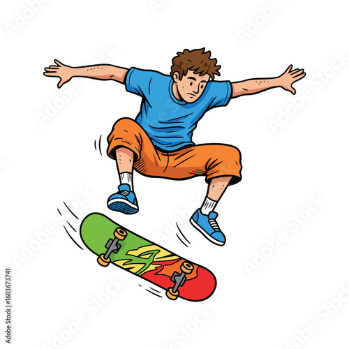A cool cartoon boy in a blue shirt and orange shorts doing a skateboarding jump trick with a colorful green and red board vector illustration