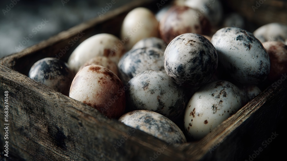 Obraz premium A rustic wooden crate filled with a diverse collection of organic speckled eggs highlighting their natural imperfections and earthy tones