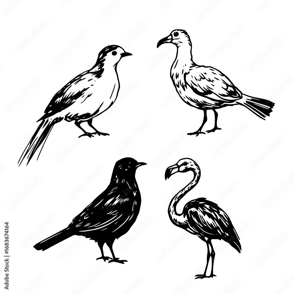 Fototapeta premium A charming vector cartoon illustration of a cute set of colorful birds on a branch, perfect for nature and animal designs
