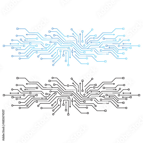 A set of two detailed circuit board design elements, in blue and black, creating a symmetrical technology pattern or border vector illustration