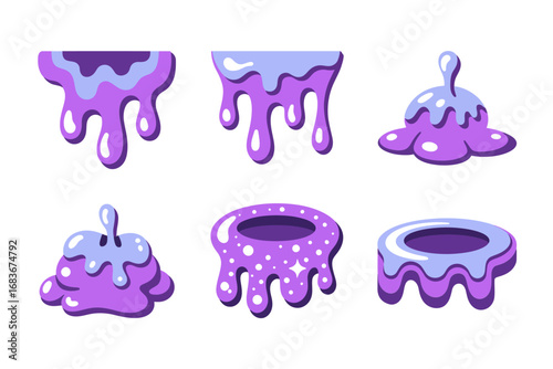 Colorful slime vector illustrations, dripping goo splatters, cartoon sticky blobs set, messy liquid slime elements, fun playful designs