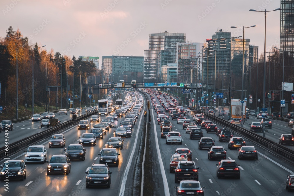 Naklejka premium Aerial shot of highway with multiple lanes packed with vehicles, city transport congestion, urban traffic design pattern and modern road network infrastructure concept