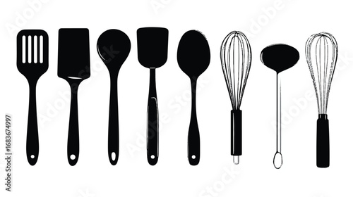 Black silhouettes of kitchen tools on a white background ideal for culinary blogs and recipe illustrations