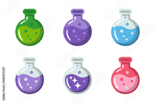 Alchemy potion bottles vector illustrations, magical elixir flasks, colorful fantasy containers set, mystical glass potion graphics, enchanted design icons