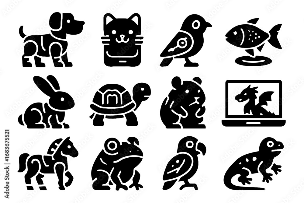 Naklejka premium Digital pet icon bird bunny vector icons dragon virtual smart lizard ai