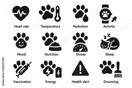 Grooming hydration vector rate nutrition sensor level icon activity pet vaccine icons