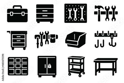 Toolbox mechanic hooks tool ai icon parts vector workbench storage wall lockable