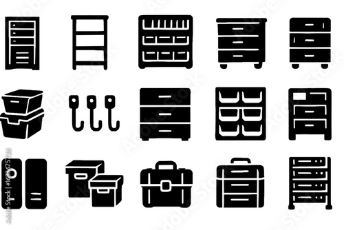 Bins cabinet chest drawers organizer vector parts icons hooks storage file icon