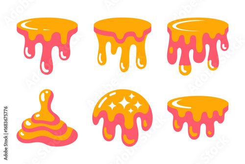 Dripping slime vector illustrations, orange glossy goo splatters, sticky cartoon slime blobs set, liquid messy elements, fun playful icons