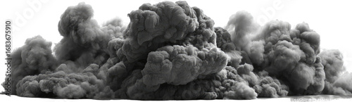 A large, dense cloud of gray smoke fills the image