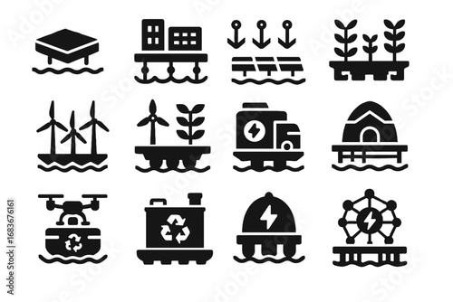 Hub energy icon floating platform icons city turbines unit vector recycling farms