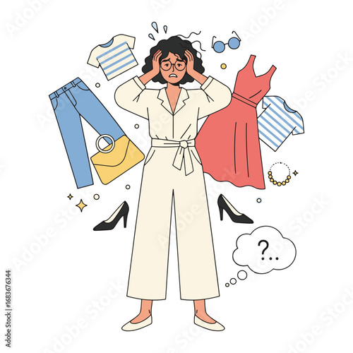 A frustrated young woman standing in her underwear, overwhelmed by the difficult choice of what to wear from her messy wardrobe vector illustration