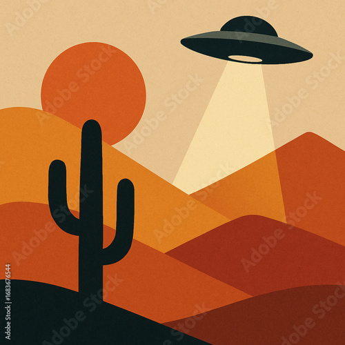 Minimal Geometric Desert Hills with Cactus Silhouette and UFO Beam Illustration