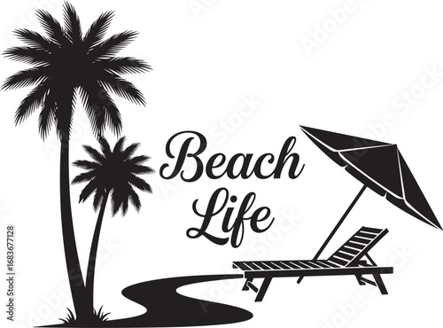 Summer scene illustration with a beach umbrella a chair and a life preserver in vector style
