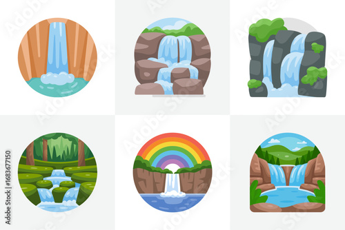 Waterfall landscape vector illustrations, scenic nature background set, flowing water icons, mountain river graphics, tropical forest environment design