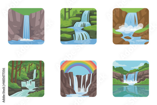 Mountain waterfall vector illustrations, flowing river landscape icons, scenic cascade set, tropical forest water graphics, natural outdoor background design