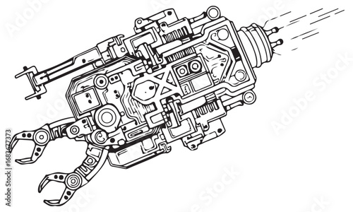 Intricate Robotic Device with Mechanical Claw and Propulsion Trails Line Art