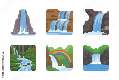 Tropical waterfall vector illustrations, forest river cascade icons, scenic nature landscape set, flowing water graphics, outdoor environment background