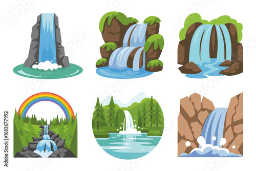 Waterfall stream vector illustrations, scenic mountain river icons, flowing water backgrounds set, tropical nature cascade graphics, outdoor landscape design