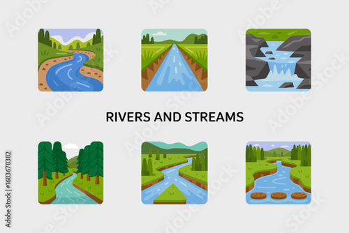 Scenic river vector illustrations, waterfall landscape icons, flowing water backgrounds set, mountain stream graphics, tropical outdoor nature environment design