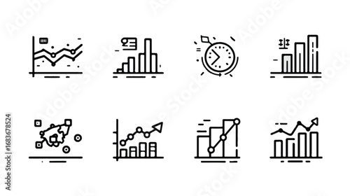 Business data visualization and financial analysis reports in monochrome line style for presentations