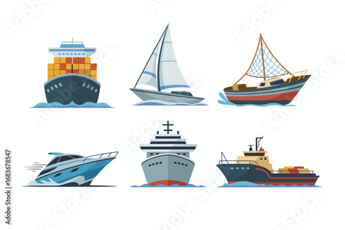 Fishing boat vector illustrations, sailing ship icons, ocean transport set, sea travel graphics, cruise vessel collection, nautical marine design