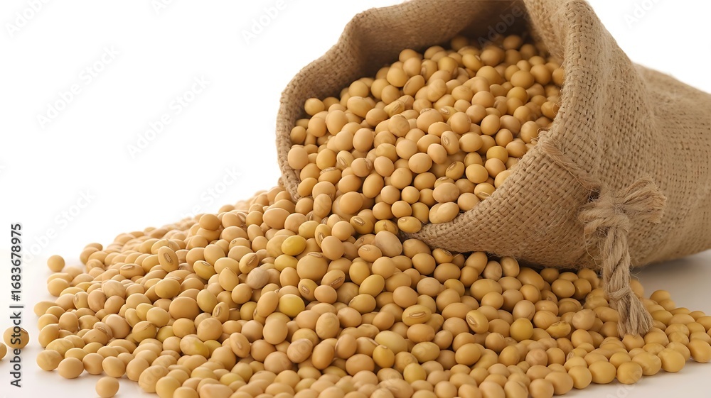 Obraz premium Sacked soybeans spilling onto a white background soy beans