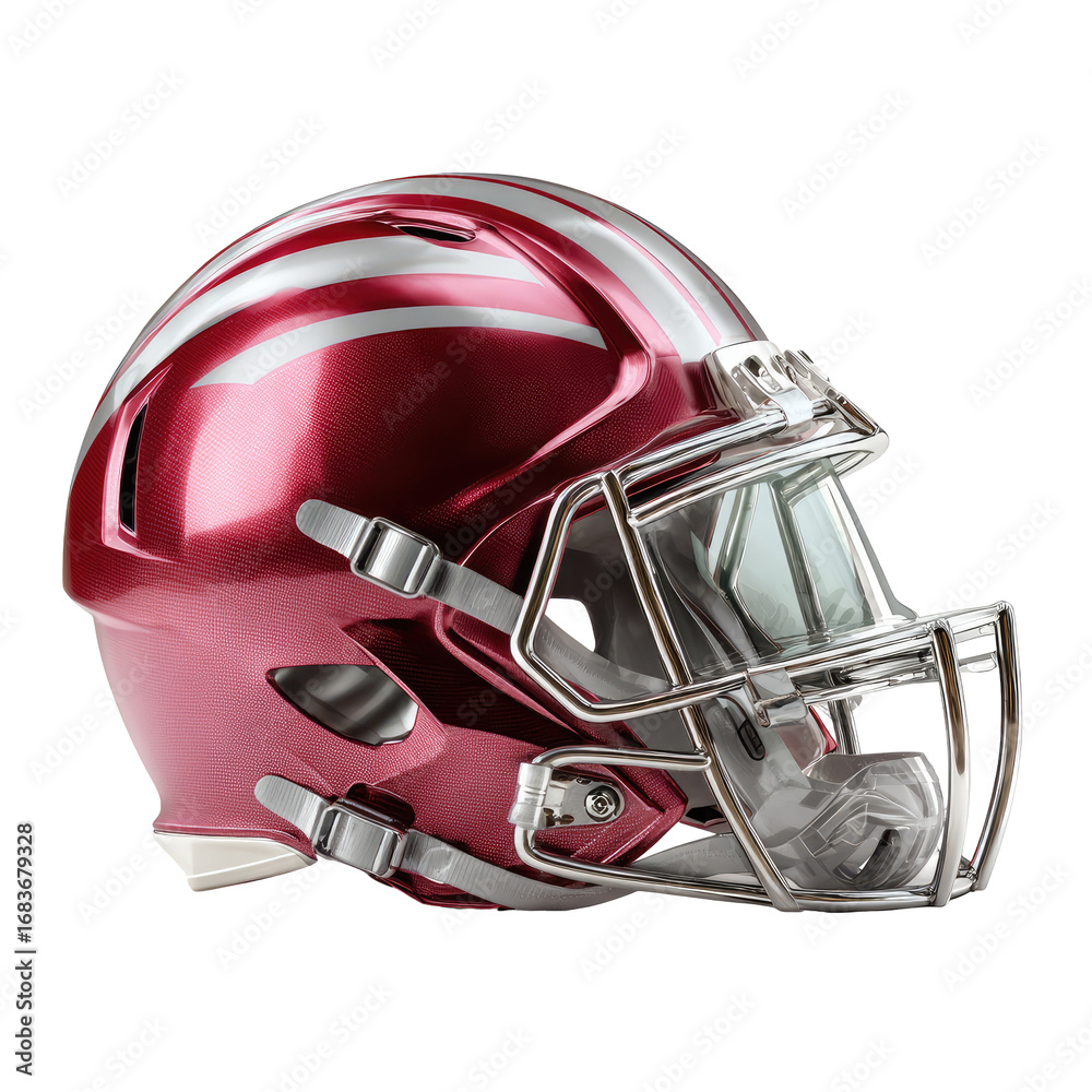 Fototapeta premium Close-up profile view of a crimson-red football helmet with silver stripes and a protective face mask