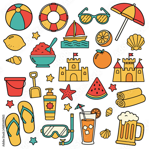 A vibrant and colorful set of summer vacation and beach activity icons, with items like a lifebuoy, sailboat, and flip-flops vector illustration