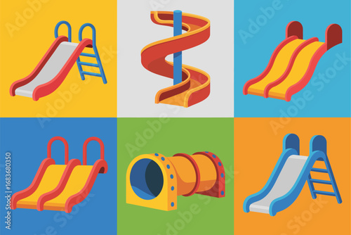 Water slide vector illustrations, amusement park icons, playground slide graphics, swimming pool fun set, entertainment design, summer activity background