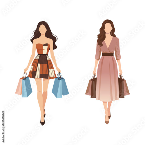 A collection of two elegant and fashionable women in stylish modern dresses walking and carrying several shopping bags after a purchase vector illustration