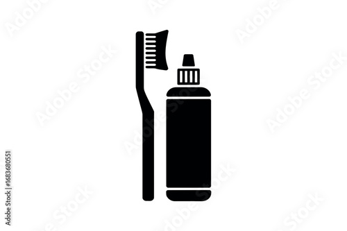 Illustration of a toothbrush standing next to a tube of toothpaste on a white background