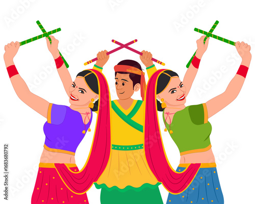 couple playing dandiya at garba night happy durga puja and navratri festival celebration vector illustration