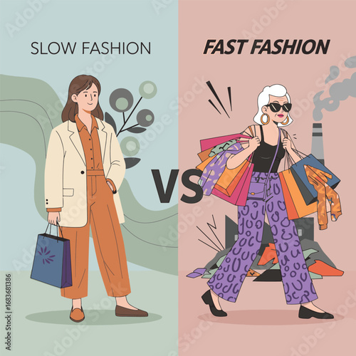 A 'VS' concept poster comparing a calm 'Slow Fashion' woman against a frantic 'Fast Fashion' shopper loaded with bags vector illustration