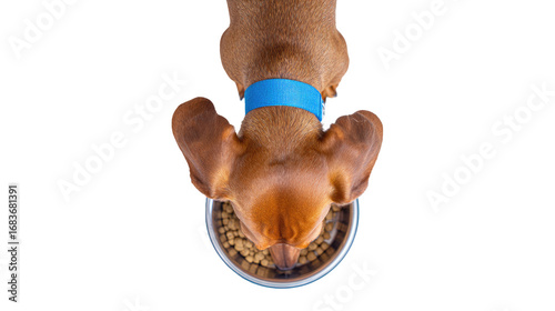 High-angle view of a dachshund eating from a bowl