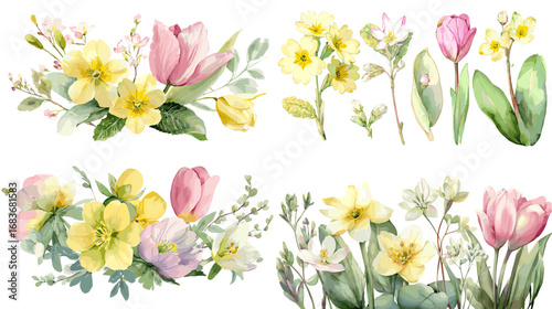 Wallpaper Mural Beautiful watercolor floral compositions with tulips and yellow blossoms. Ideal for wedding invitations, greeting cards, and spring designs. Torontodigital.ca