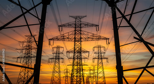 Towering electricity pylons silhouetted against a vibrant sunset sky highlighting the infrastructure of power distribution and energy transmission across vast landscapes during the golden hour