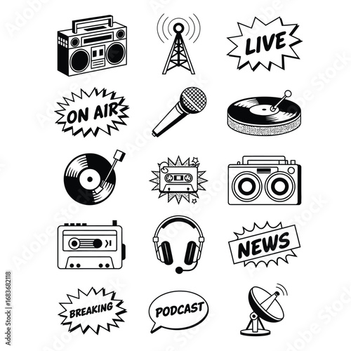 Black and white comic poster-style audio bundle with boom box, radio tower, microphone, vinyl, cassette, turntable, headphones, and podcast icons