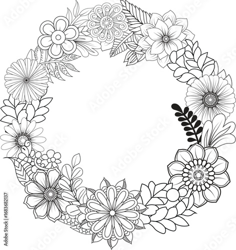 Detailed floral wreath outline for decorative projects and crafting vector
