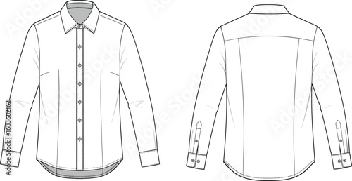 Long sleeve button down shirt technical fashion sketch, front and back CAD design, flat vector apparel illustration, sewing template drawing